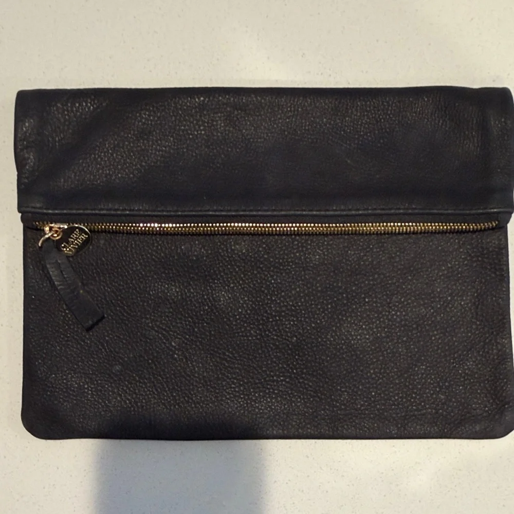 Clare V Black Fold-Over Leather Clutch with Gold Hardware